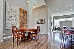 Vaulted dining under skylights